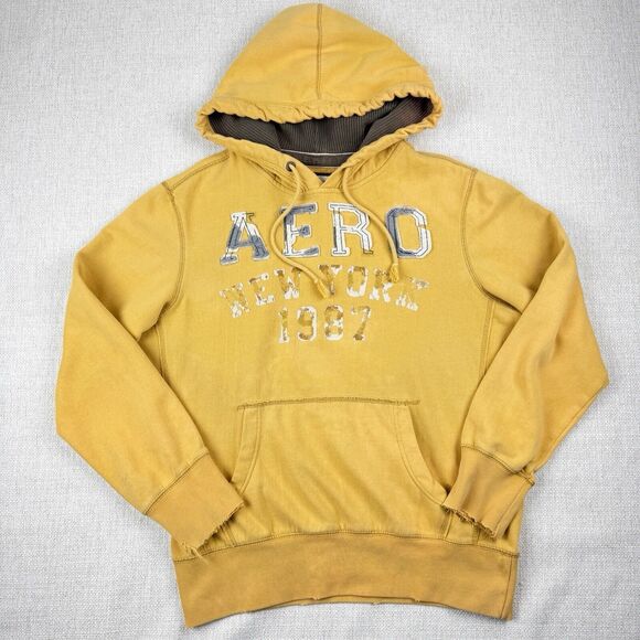 Vintage 90s Y2K Aeropostale Men's Yellow Distressed Grunge 1987 Hoodie Medium - Picture 1 of 15
